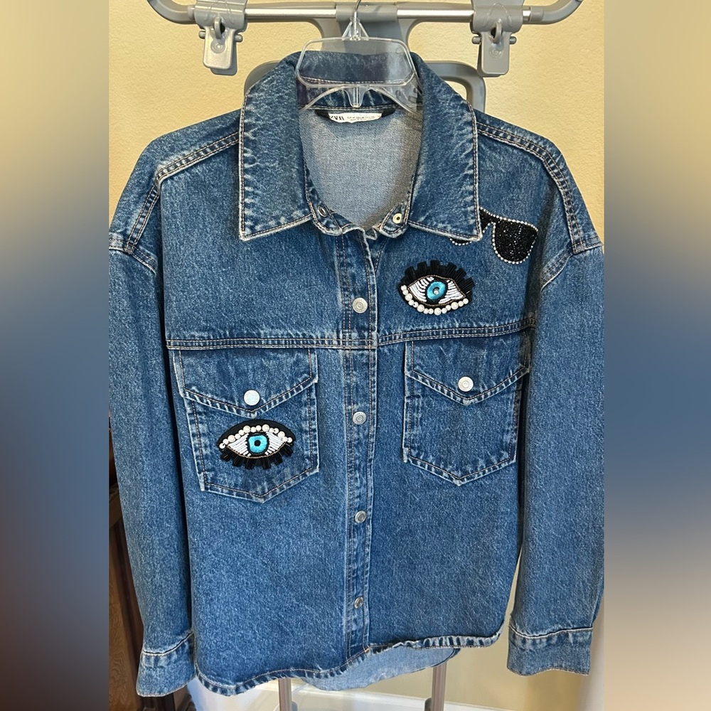 Zara Blue Jean Jacket with Eye Embroidery